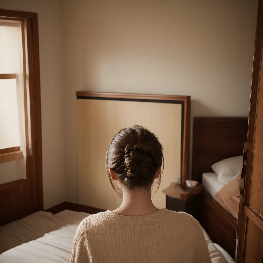 indoor、bedroom、One woman、, brown hair, half updo, Surrealism, from behind, UHD, retina, masterpiece, accurate, super detail, high quality, high details, 16k, highres