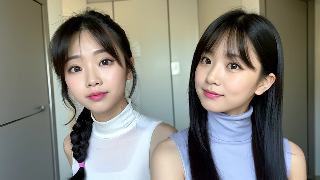 Concrete Room,(Detailed face),vivid,cute,Sleeveless and(turtleneck)White silky clothes,4K,Ultra-high resolution,（Photorealistic：1.7）,Long black hair,
