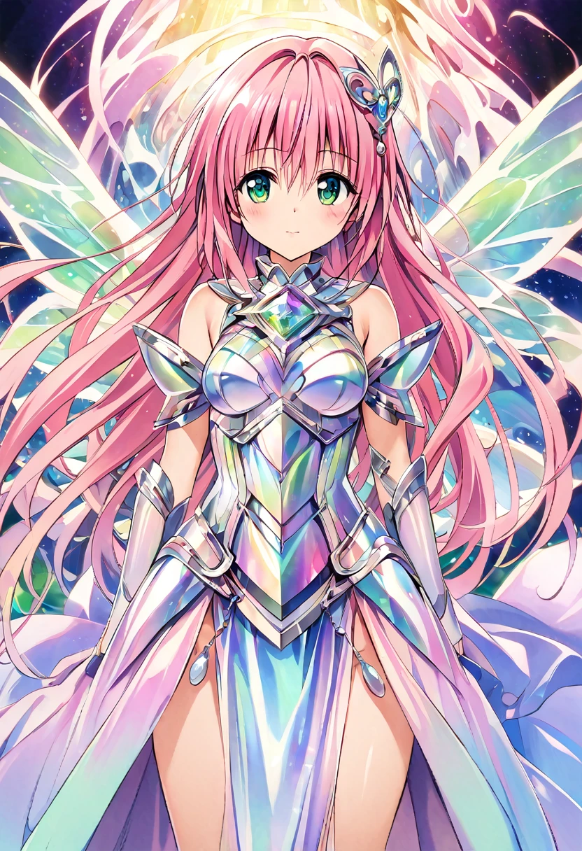 A girl named Lara Satalin Deviluke with long pink hair and green eyes, wearing a hair ornament with iridescent colors. She is dressed in ornate, iridescent armor and standing in a mystical battlefield with ethereal creatures and magical elements around. The image is in the style of Yabuki Kentaro’s To Love-Ru art style, aiming to be a masterpiece of the highest quality, resembling official art and a grand prix award illustration. The image should feature professional lighting and emphasize iridescent colors throughout the scene.