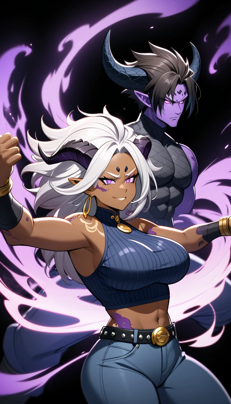 Dark-skinned chubby woman, black dragon horns on head, short Android 21 silver hair, violet eyes, long pointy ears, black scales on skin, gold jewelry, calm and cool attitude, small smirk, white cropped ribbed top, dark blue jeans, black studded belt, dynamic fighting stance, dark background, swirling purple fire aura