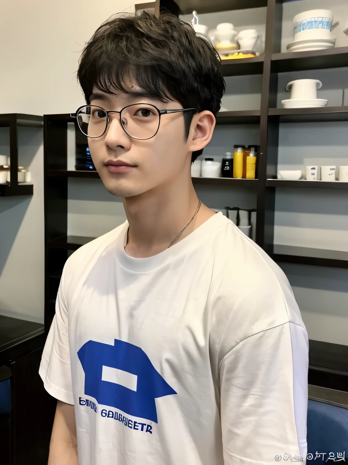 Photo of man, korean man, 23years old, very short hair, white T-shirts, upper shot, dark skin, (((nerdy))), in the restoruant