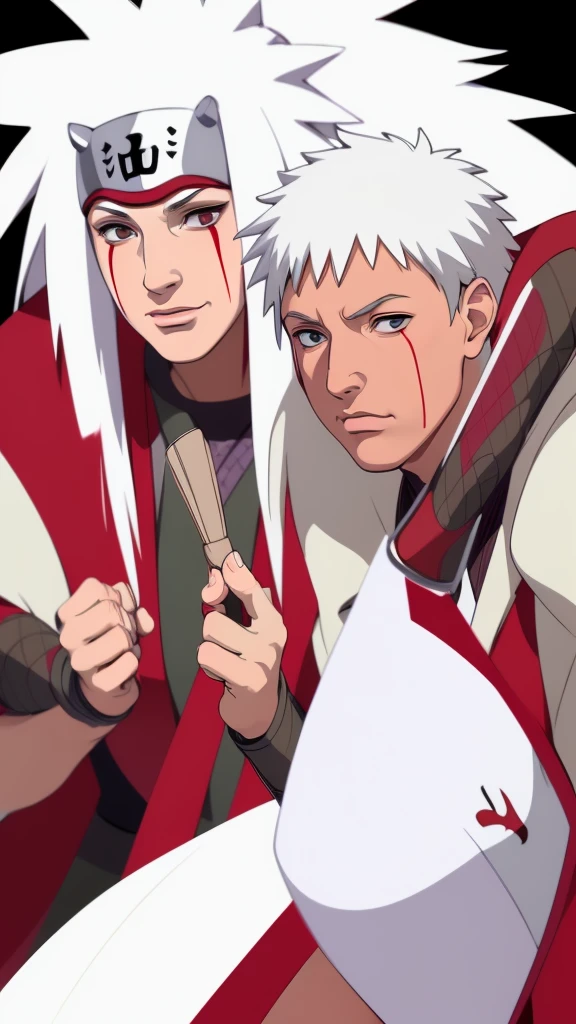 (（（Perfect body,White and tender skin,（（（Wearing a red coat with brown clothes inside, wooden clogs on feet, ninja protective gear on both hands, and a large scroll hanging behind them）））,（（（Jiraiya，Wearing forehead protectors, long white hair, and red marks under the eyes,）））,((masterpiece)),high resolution, ((Best quality at best)),masterpiece,quality,Best quality,（（（ Exquisite facial features,Looking at the audience,There is light in the eyes,Poker face）））,）））,（（（Light and shadow,）））,（（（Looking at the camera,black background,)））)