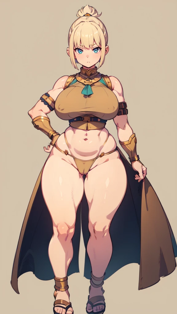 (masterpiece), best quality, female warrior, huge girl, female muscular:1.2, shoulder armor, pauldron, (((blank background))), ((full body)), fingerless gloves, sandals, sleeveless, covered nipples, ((buzzcut hairstyle)), golden hair, hair over eyes, (wide hips:1.6), thick thighs:1.7, ((camel toe)), (underboobs), 