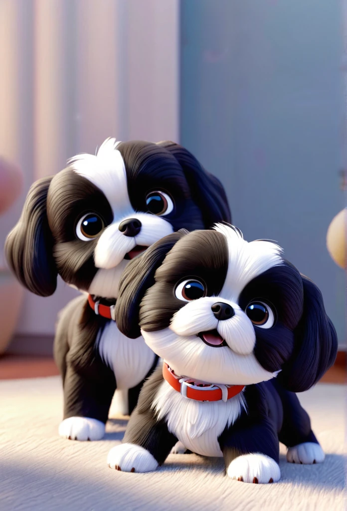 2 adorable small black Shih Tzu puppies wearing white collars playing 3D Pixar style