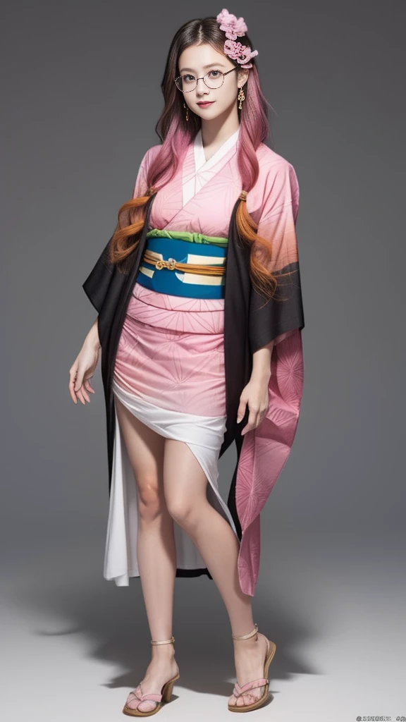Cute Japanese woman, (16 years old), (very cute face), white moisturized skin, looking at the camera, melancholy expression, (glasses: 1.4),
BREAK,
Idol,
BREAK,
(wearing cute kimono: 1.3), (kimono with high exposure), very large earrings, short length,
BREAK,
(long hair), (pink hair: 1.4), (wavy hair), (gradient hair: 1.3), (hair with red ends),
BREAK,
(realistic: 1.3), masterpiece, perfect lighting, (ultra-high resolution), (8K), (highly detailed: 1.4), (from the front), (full body: 1.4), (symmetrical: 1.2), (one shot),
BREAK,
(Shibuya city in Japan: 1.2),
BREAK,
(Demon Slayer: 1.4),