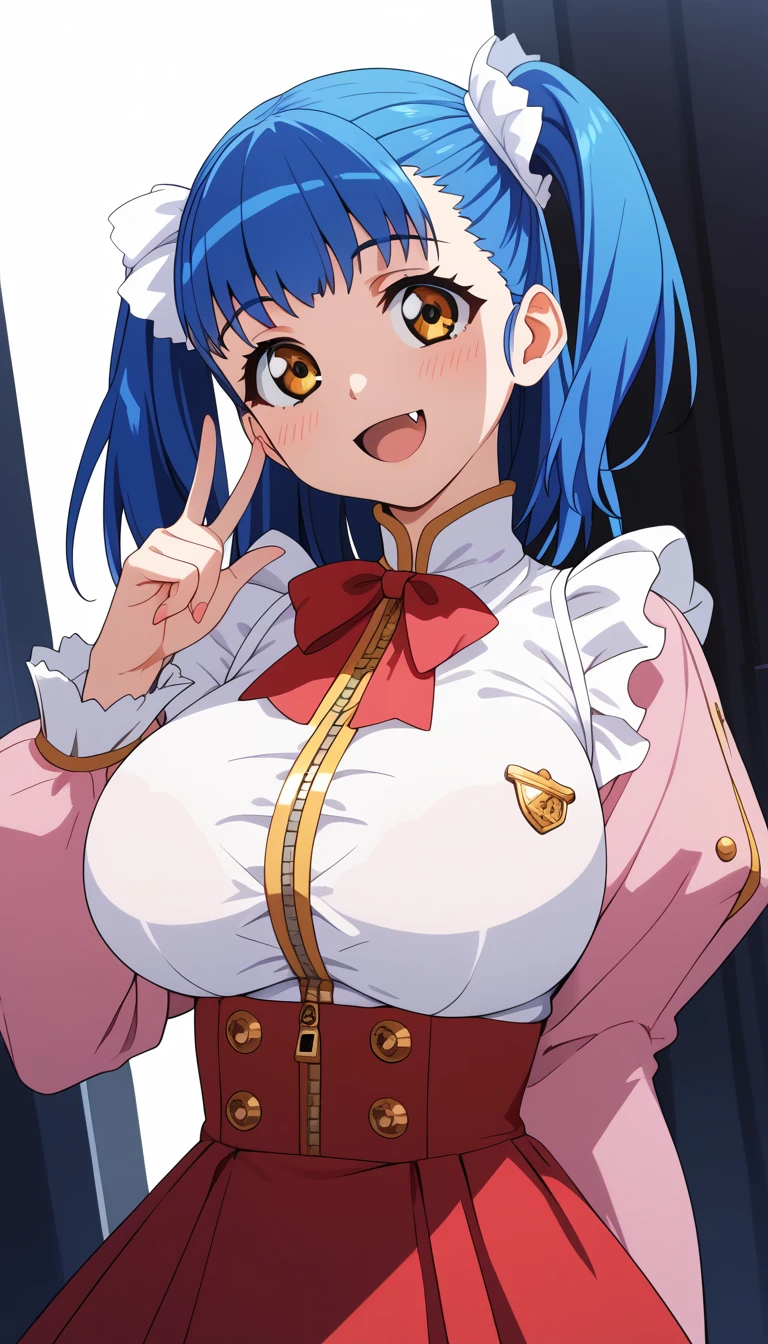 (Tuile(gravion),huge breasts,blue hair,yerrow eyes,twintail,two side up),(tuck out shirt,white shirt,red waist ribbon,gold zipper,white frill,red ribbon,white edge pink miniskirt,Pink sleeves,Pink Shoes、White socks:1),official art,smile,blush,open mouth,fang