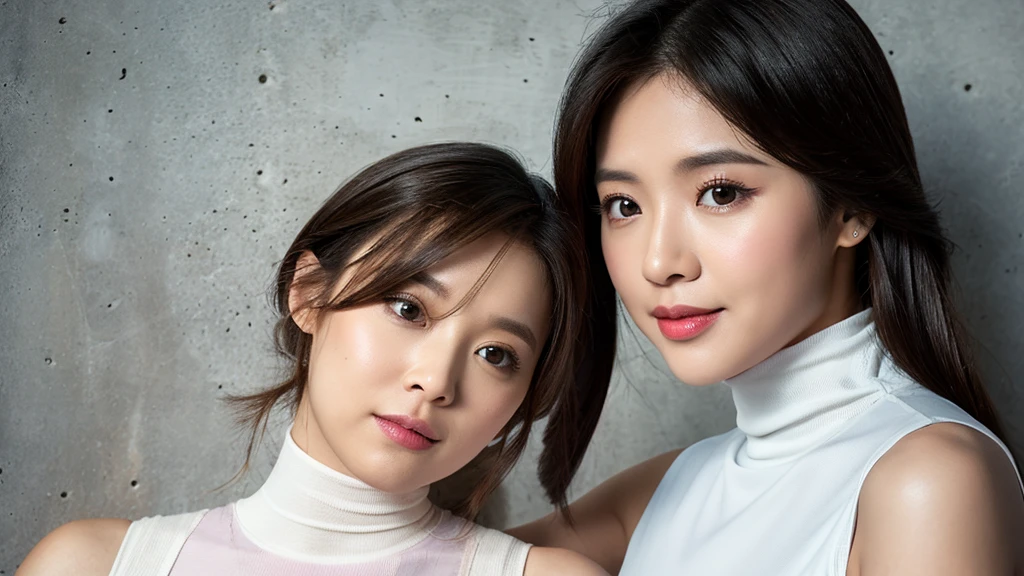 (concrete),(Detailed face),vivid,cute,Sleeveless and(turtleneck)White silky clothes,4K,Ultra-high resolution,(Photorealistic:1.7),Long black hair,