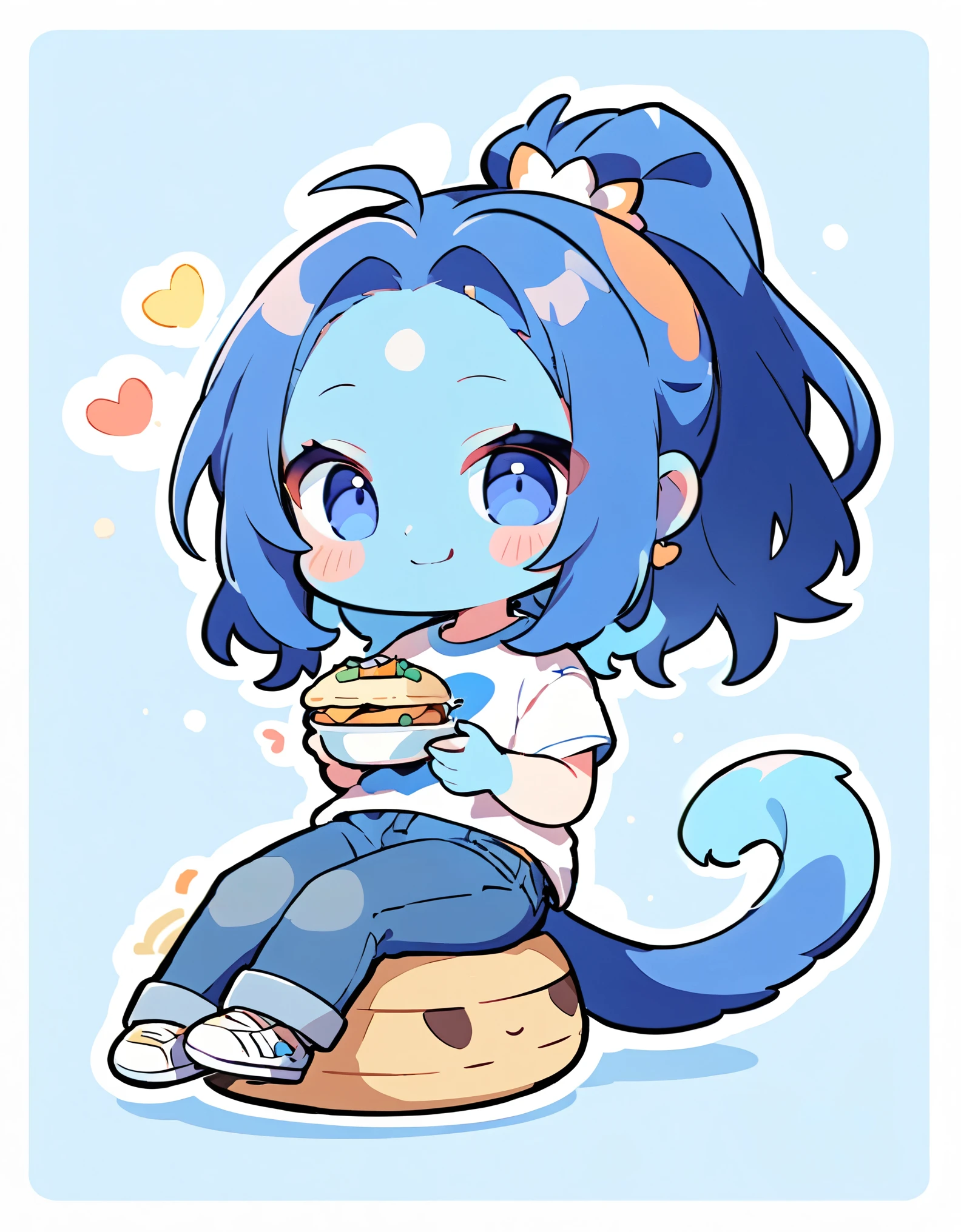 (alien woman,Blue Skin,Dreadlocks,Cute tail,Pop T-shirt,jeans),Having lunch,(looks fun),(chibi),(Chibi Character)