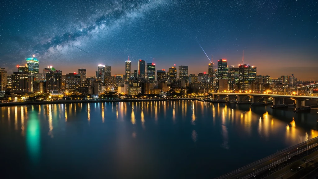 Beautiful Japanese cityscape background, Night view, bridge, 桟bridge, Starry Sky, shooting star