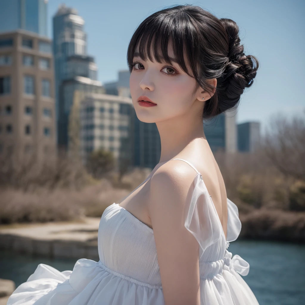 Outdoor、One woman、Elegant dress, black hair, parted bangs, half updo, Surrealism, UHD, retina, masterpiece, accurate, super detail, high quality, high details, 16k, highres