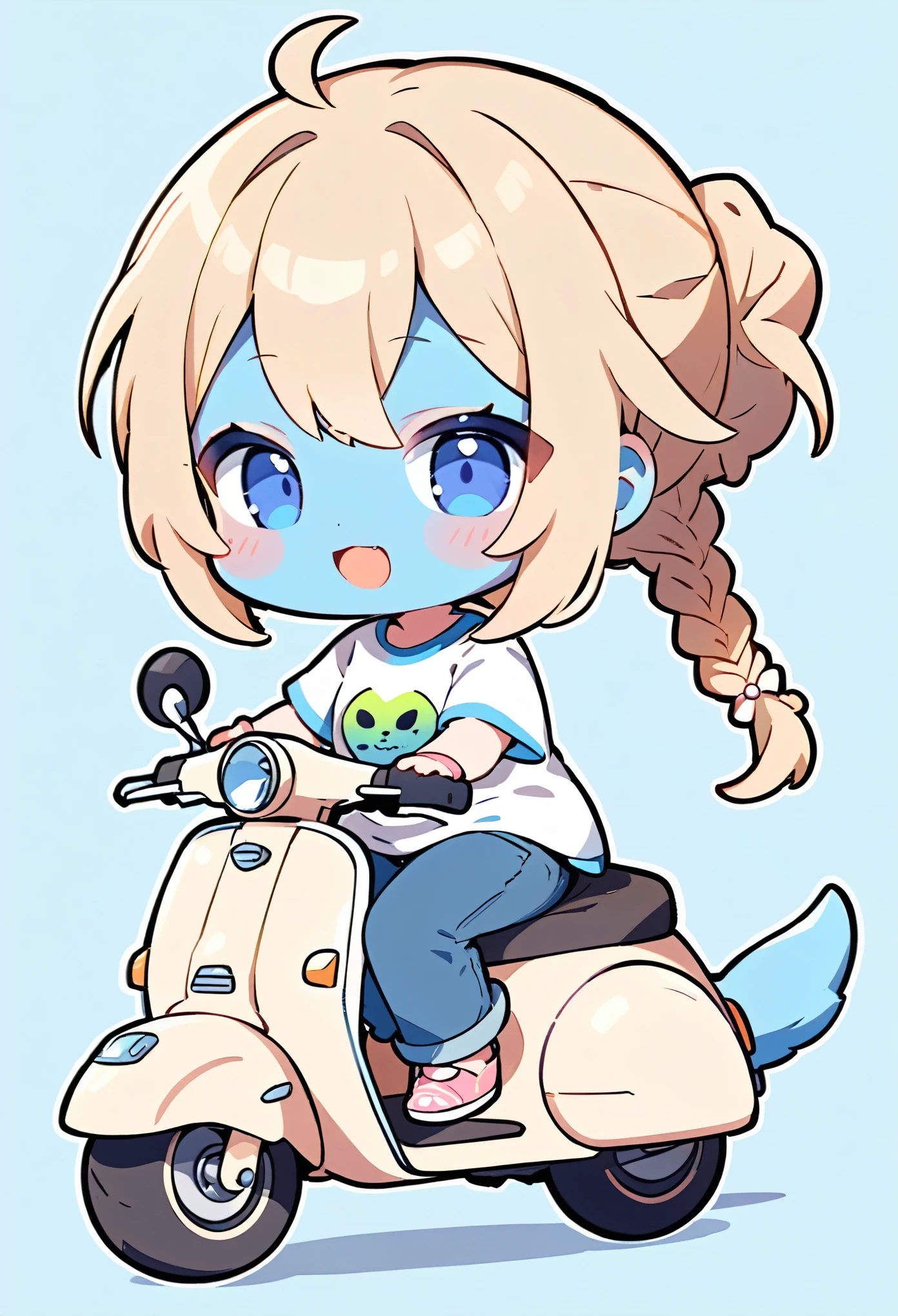 (alien woman,Blue Skin,Dreadlocks,Cute tail,Pop T-shirt,jeans),Riding a cute scooter,(chibi),(Chibi Character)