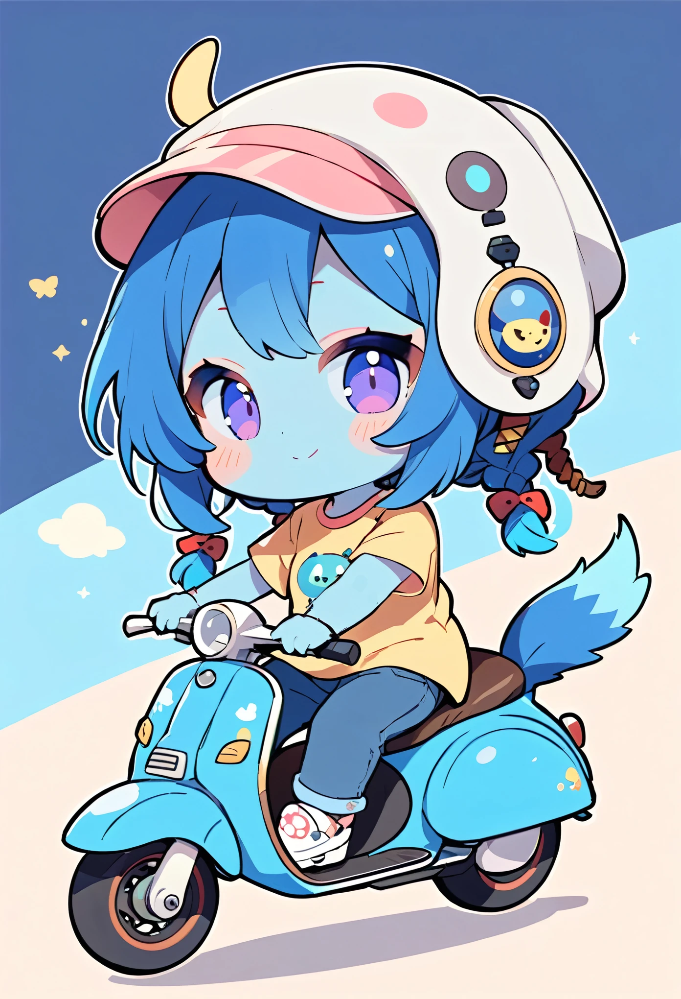 (alien woman,Blue Skin,Dreadlocks,Cute tail,Pop T-shirt,jeans),Riding a cute scooter,(chibi),(Chibi Character)