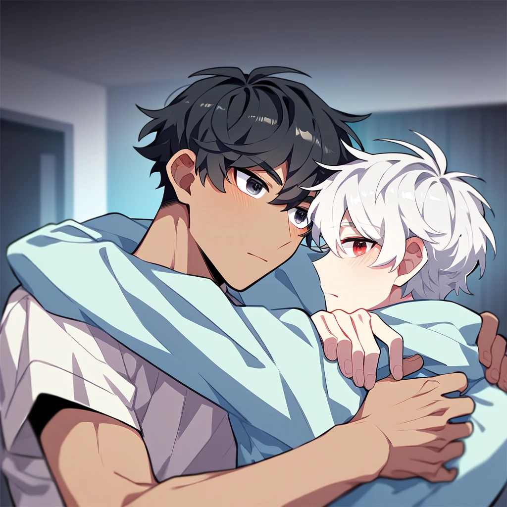 2 young men, focus man , Yaoi, pair, (human , short hair, black hair, light black eyes , tan skin), (human, white hair , red eyes ,bright white skin ) , The best aesthetics , best quality, Amazing quality, The best aesthetics ,The backdrop is the living room.,
