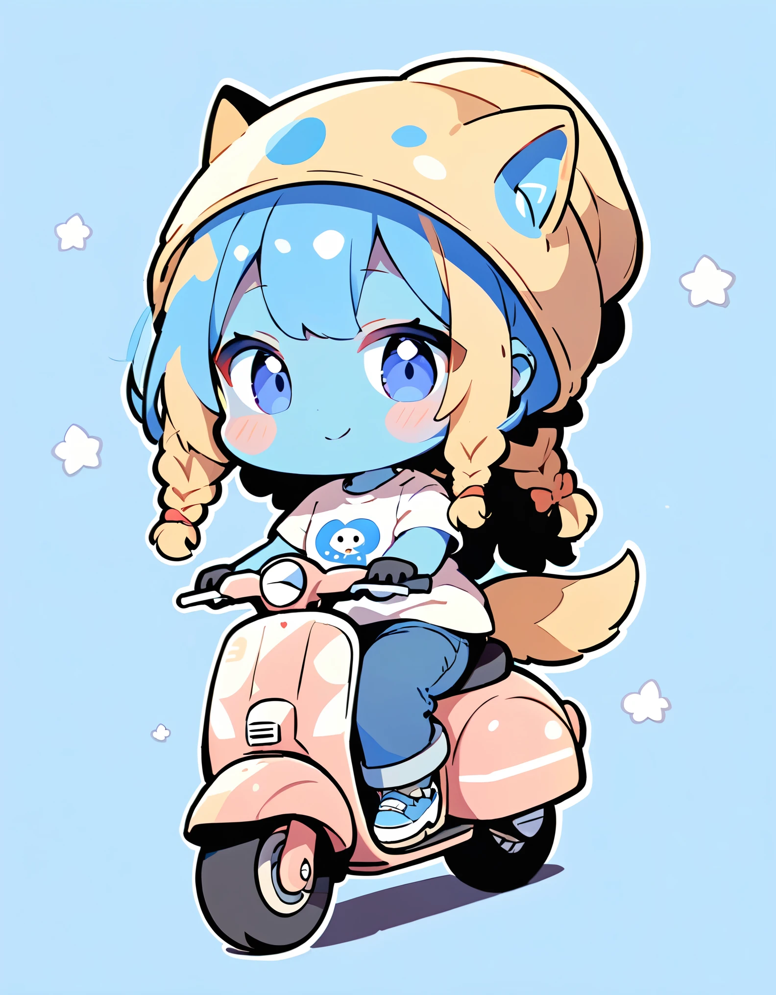 (alien woman,Blue Skin,Dreadlocks,Cute tail,Pop T-shirt,jeans),Riding a cute scooter,(chibi),(Chibi Character)