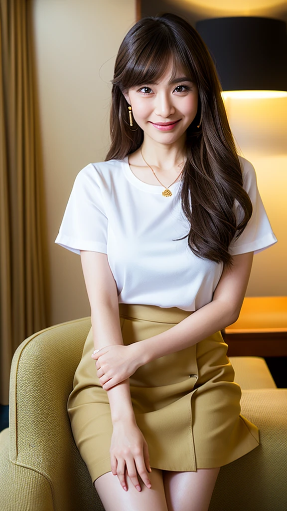 (top-quality:1.2)、With 8K images、A 30-year-old young woman、(I'm sitting on a sofa in a café.:1.2)、She combines cuteness and beauty、Have a beautiful detailed style、The beautiful detailed face has delicately drawn eyes and beautiful detailed double eyelids that shine charmingly、Her beautiful(Brown hair:1.2)、With a length that lightly touches the shoulder、Fluttering in the wind、 She(Wearing a t-shirt and skirt:1.2)、Sitting on the sofa、Hands are placed on the table、(I have my legs crossed:1.2)、Viewers look down at her from above、She smiles and looks at the viewer with kind eyes.、This moment is exactly(Masterpiece:1.2)、Worthy of being called、It's full of beauty and charm.、