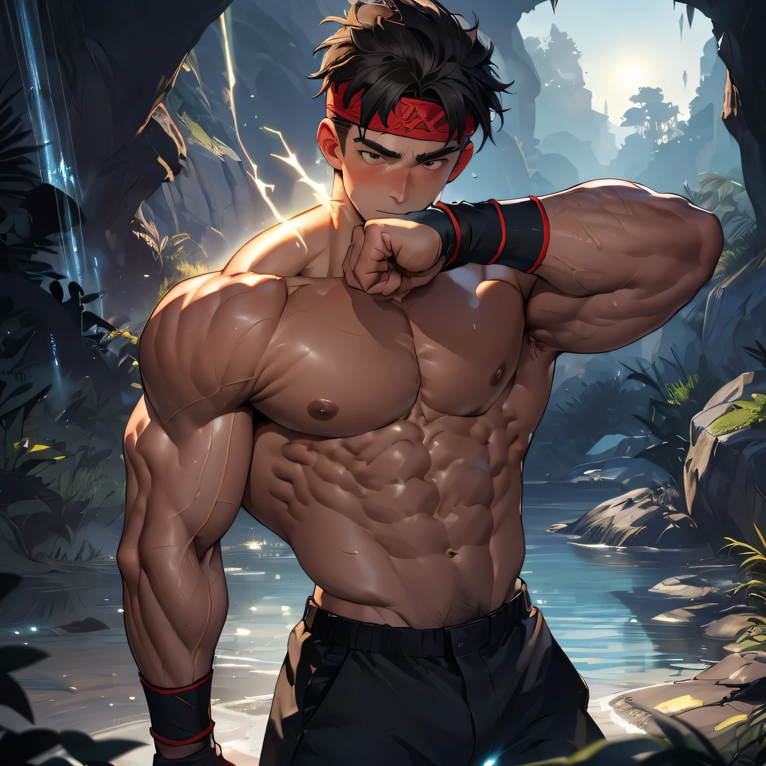 ((masterpiece)), ((best quality)), (ultra-detailed), (((((in the cave, deep night))))), (8k, ultra-detailed, 17 year old boy, worm eyes, black background), Young boy, muscler, Shirtless, ((((solo, fullbodyesbian, flesh boy, tough boy, reliable boy, developed body, kung fu fighter, holy aura effect, light particles, A soft blue light emanates from his palms, the night air crackles with electricity, and he unleashes a force of nature, sparks flying.)))), (Dark Short straight hair, ((almost completely shaved hair)), under cut, brown eyes), (red headband, ((black wristband)), leather belt), Vivid colors, ((hot Abs, abs!, big abs, big breast, chest!, muscler upper arms)), muscler!, muscler body, detailed face, detailed muscle, (((rippling muscles)))