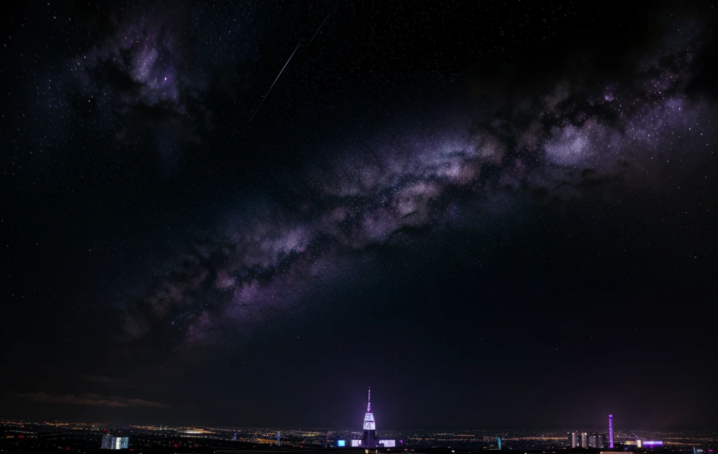 Starry sky and zodiac signs, The purple hue is like a nebula, wide space, The city at the bottom of cyberpunk,
