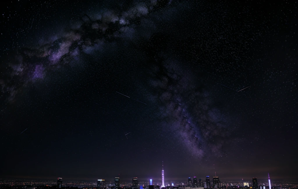 Starry sky and zodiac signs, The purple hue is like a nebula, wide space, The city at the bottom of cyberpunk,  