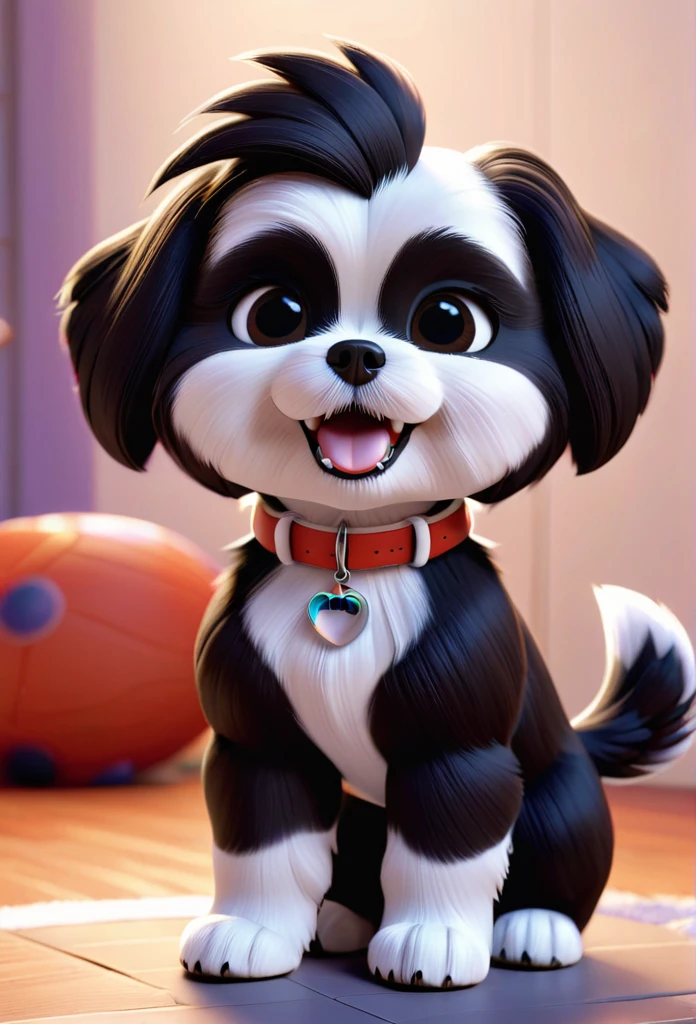 2 adorable small black Shih Tzu puppies wearing white collars playing 3D Pixar style