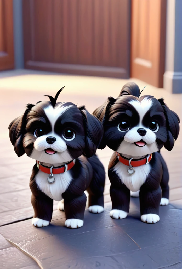 2 adorable small black Shih Tzu puppies wearing white collars playing 3D Pixar style