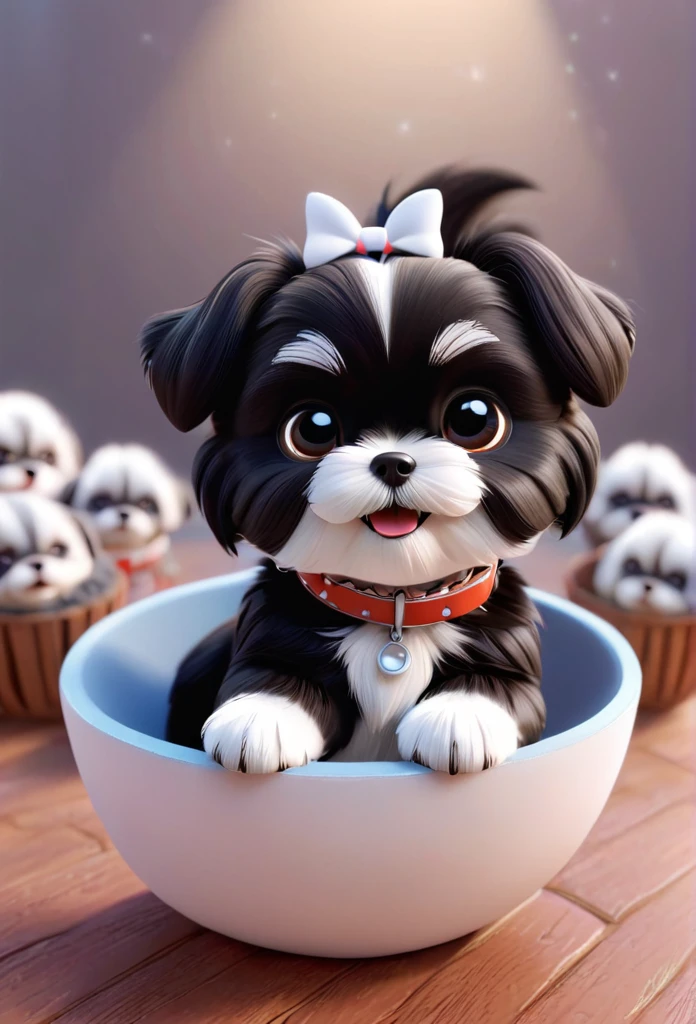 2 adorable small black Shih Tzu puppies wearing white collars playing 3D Pixar style