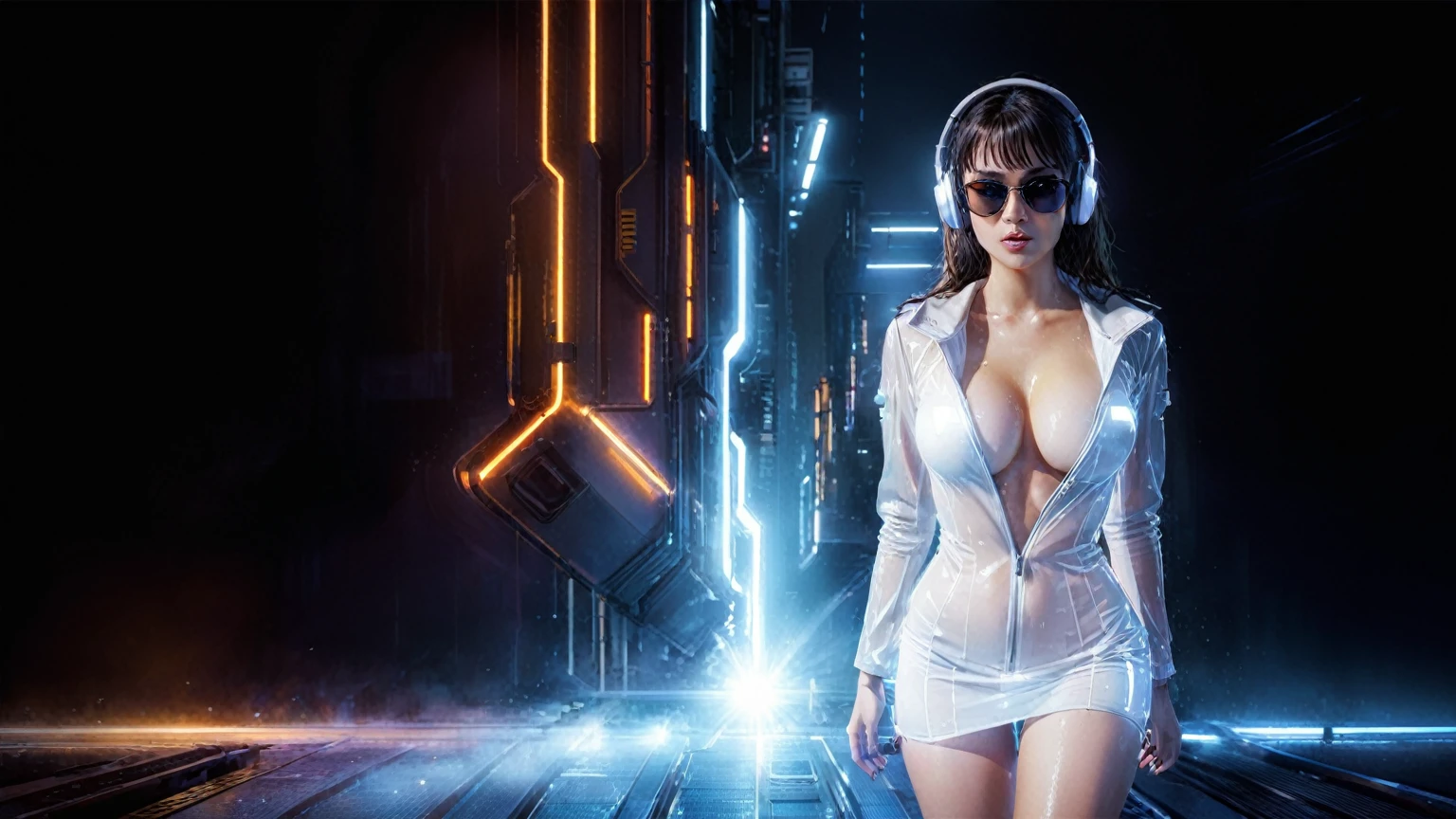 (((aerial view))), Blade Runner style futuristic railway platform, hi-tech train, neon lights, rainy night. (1girl, solo, alone), large-breast:1.2 slim body, cleavage:1.1, sexy lingerie with wet jacket, headphone, (black sunglasses), (((she raised a pistol:1.8 and shot:1.8 the viewer))), dynamic pose, (((half-body thigh level medium shot))), cinematic lighting, lens flare, ray tracing, blurred:1.4 background.