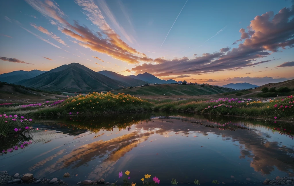 There is a beautiful sunset, The hillside is covered with flowers and plants, Flowers are very close, colorful sky, surreal colors, colorful sunset, colorful sky, Marvelous sky reflection, stunning sky, Dreamy atmosphere 8K, colorful clouds, The color of the reflection on the lake, surreal sky, red and blue reflections, The reflection of fire, Beautiful sky, Beautiful and spectacular dusk, beautiful dream scenery, stunning sky