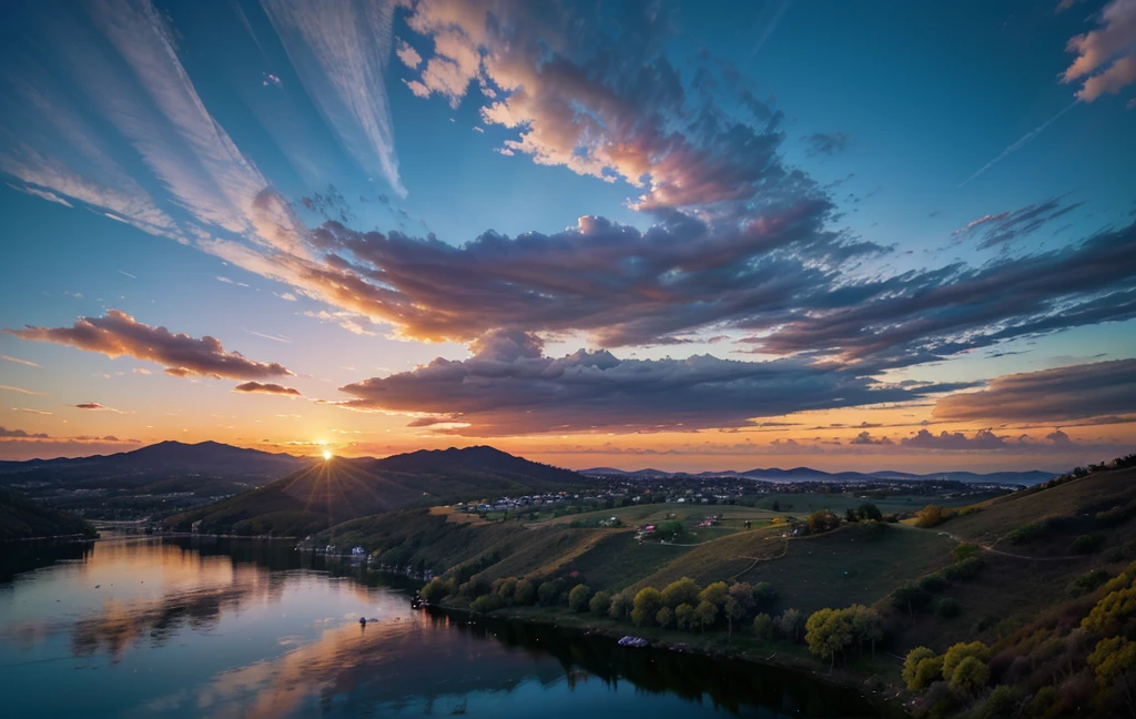 There is a beautiful sunset, The hillside is covered with flowers and plants, Flowers are very close, colorful sky, surreal colors, colorful sunset, colorful sky, Marvelous sky reflection, stunning sky, Dreamy atmosphere 8K, colorful clouds, The color of the reflection on the lake, surreal sky, red and blue reflections, The reflection of fire, Beautiful sky, Beautiful and spectacular dusk, beautiful dream scenery, stunning sky