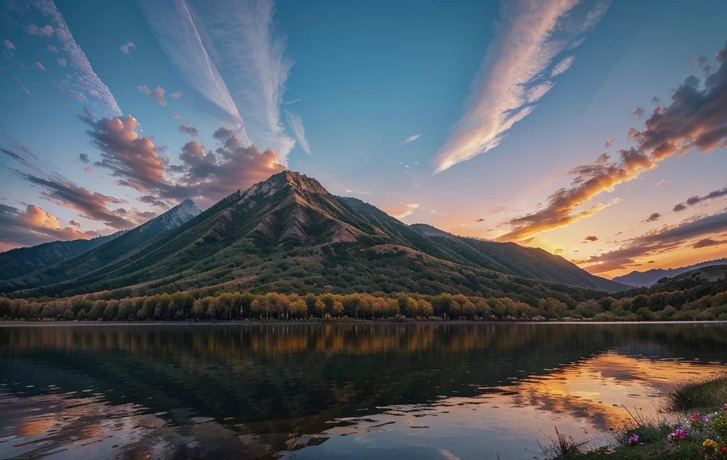 There is a beautiful sunset, The hillside is covered with flowers and plants, Flowers are very close, colorful sky, surreal colors, colorful sunset, colorful sky, Marvelous sky reflection, stunning sky, Dreamy atmosphere 8K, colorful clouds, The color of the reflection on the lake, surreal sky, red and blue reflections, The reflection of fire, Beautiful sky, Beautiful and spectacular dusk, beautiful dream scenery, stunning sky