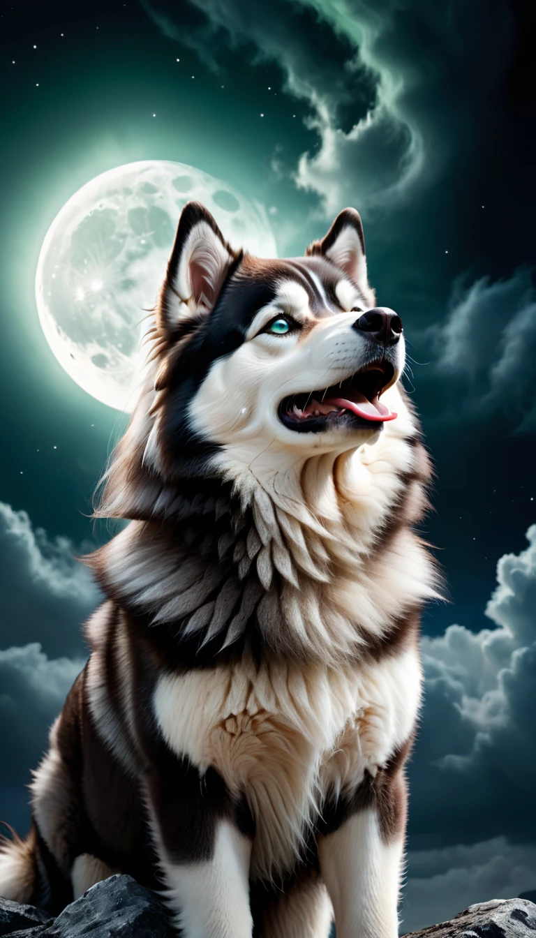 (masterpiece; best quality, highres, 8k, ultra detailed) score_9, score_8_up, score_7_up, cute malamute, long tail, wavy tail, curious happy, looking down, blue-green eyes, black-brown fur, portrait, photoshoot, (BREAK) a bone in his mouth, flying to the moon, dark night, dark clouds, flying stance(flying:1.6) below view, side view, fantasy art, epic scenery, UHD, dramatic photoart, digitally manipulated, cinematic motion.