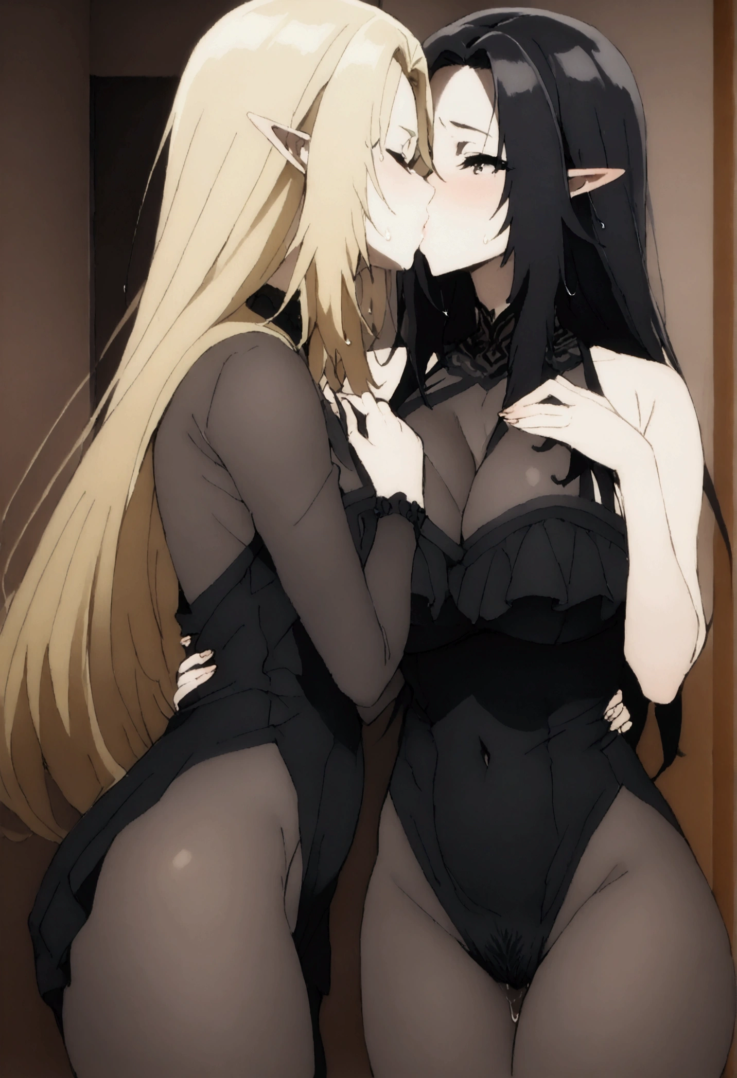 Two Women,Alpha ,Long blonde,gamma,Long Black Hair,((Touching the chest)), ((dress))),Big Breasts,BIG ASS, kiss, (adult), (Elf),pubic hair
 ((My crotch is wet)),Love Hotel,My crotch is wet,Are standing,(masterpiece:1.2), High resolution, Highest quality, 8k,