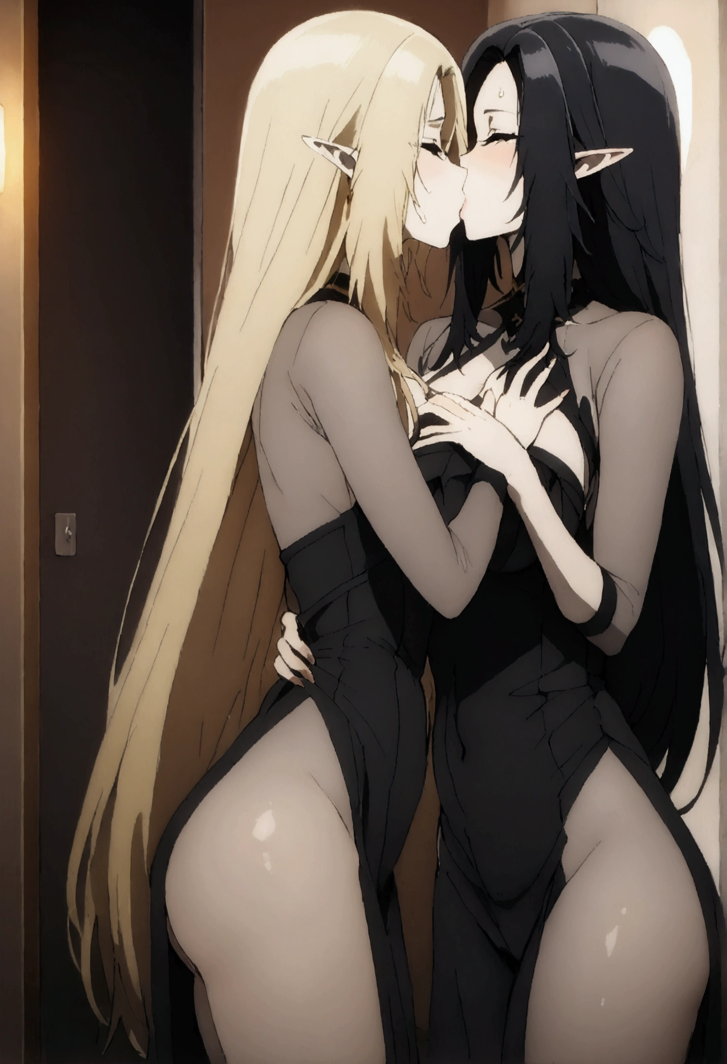 Two Women,Alpha ,Long blonde,gamma,Long Black Hair,((Touching the chest)), ((dress))),Big Breasts,BIG ASS, kiss, (adult), (Elf),pubic hair
 ((My crotch is wet)),Love Hotel,My crotch is wet,Are standing,(masterpiece:1.2), High resolution, Highest quality, 8k,