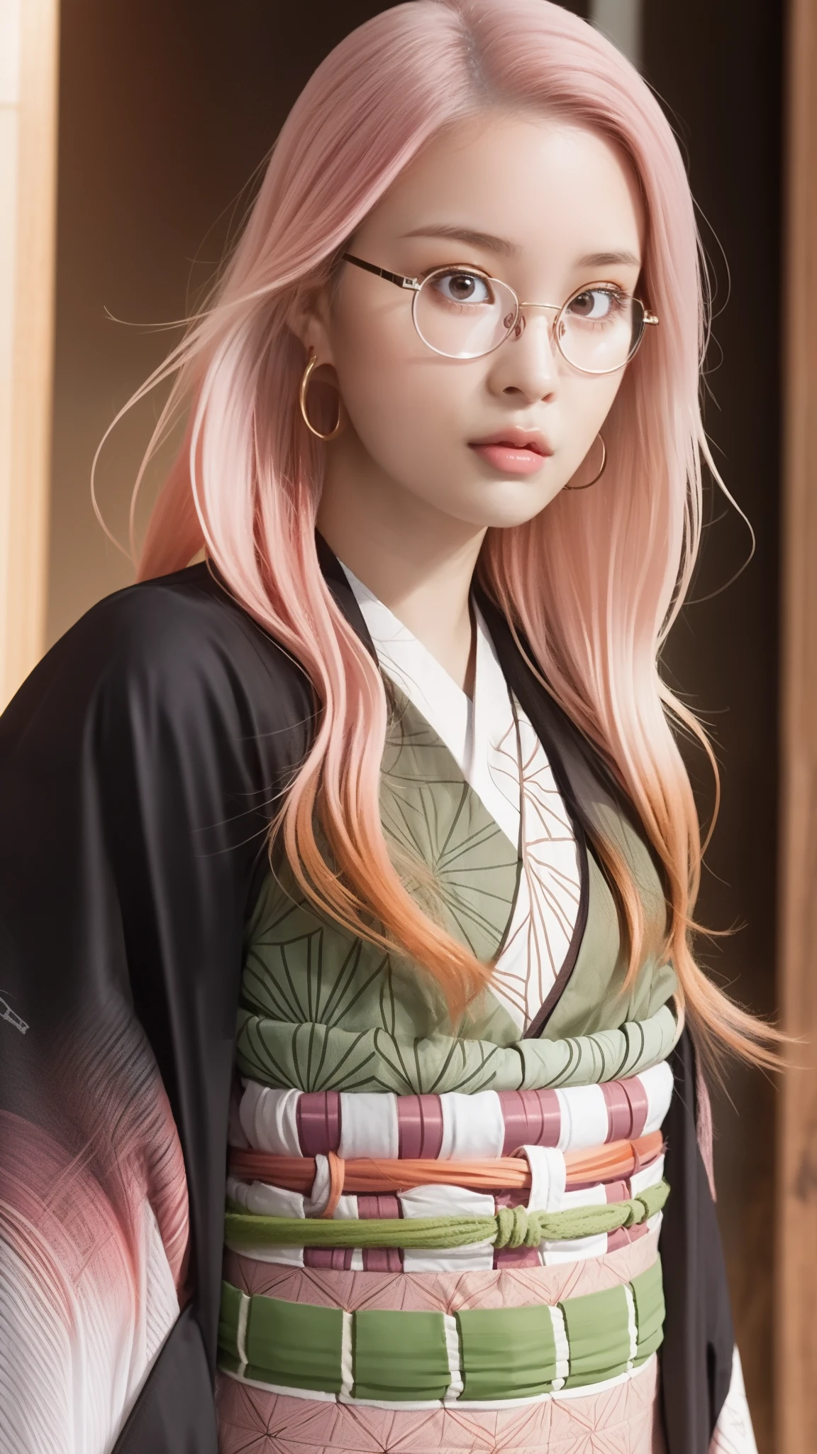 Cute Japanese woman, (16 years old), (very cute face), white moisturized skin, looking at the camera, melancholy expression, (glasses: 1.4),
BREAK,
Idol,
BREAK,
(wearing cute kimono: 1.3), (kimono with high exposure), very large earrings, short length,
BREAK,
(long hair), (pink hair: 1.4), (wavy hair), (gradient hair: 1.3), (hair with red ends),
BREAK,
(realistic: 1.3), masterpiece, perfect lighting, (ultra-high resolution), (8K), (highly detailed: 1.4), (from the front), (full body: 1.4), (symmetrical: 1.2), (one shot),
BREAK,
(Shibuya city in Japan: 1.2),
BREAK,
(Demon Slayer: 1.4),
BREAK,
(Hirose Suzu: 1.4),