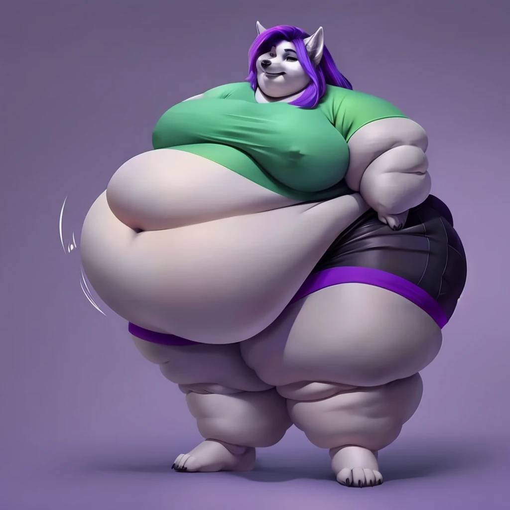 Grey wolf, female, long purple hair, huge breasts, huge hips, huge, huge belly, belly rolls, fat rolls,fat arms, fat legs, belly overhang, double chin, chubby cheeks, t-shirt, shorts, gorgeous, beautiful, eyelashes, voluptuous, plump, morbidly obese, solo