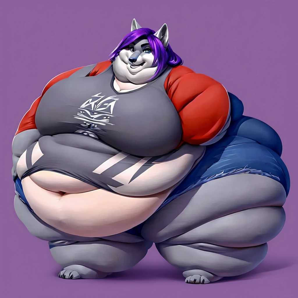 Grey wolf, female, long purple hair, huge breasts, huge hips, huge, huge belly, belly rolls, fat rolls,fat arms, fat legs, belly overhang, double chin, chubby cheeks, t-shirt, shorts, gorgeous, beautiful, eyelashes, voluptuous, plump, morbidly obese, solo