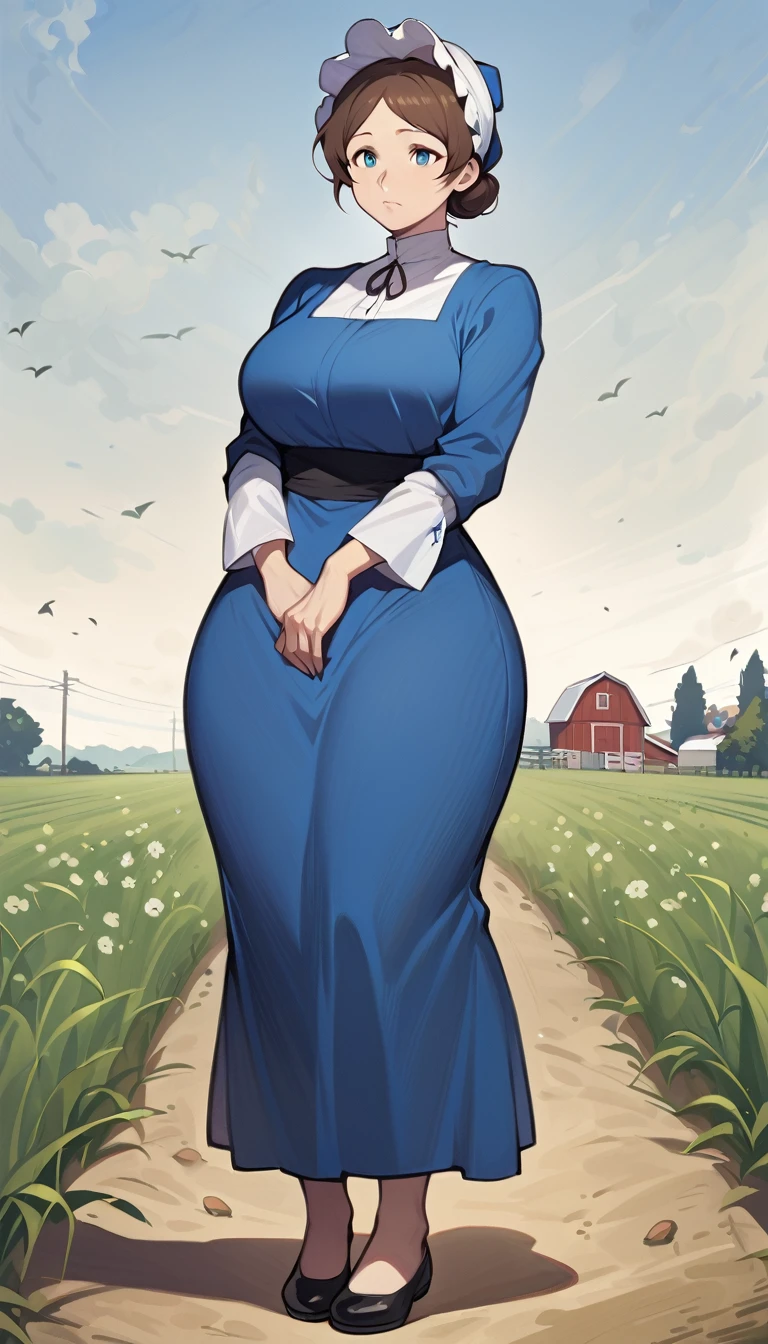 adult amish woman, 40 years old, pale skin, long sleeved blue dress, small black apron over her blue dress, full body shown, very short brown hair in a conservative sleek bun, white bonnet kapp, wide hips, thick thighs, wearing simple black flats, thick legs, right below the knee dress, slight face wrinkles, tight sleeves, standing upright in a farm field, no makeup, round face, hands on lap