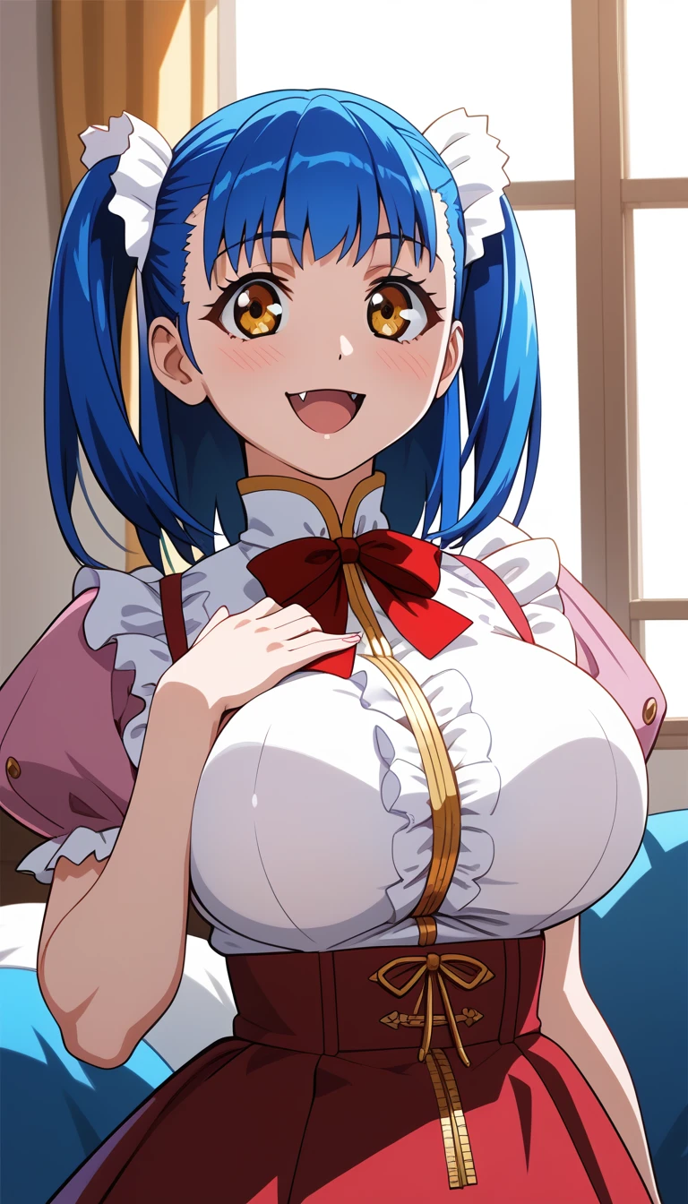 (Tuile(gravion),huge breasts,blue hair,yerrow eyes,twintail,two side up),(tuck out shirt,white shirt,red waist ribbon,gold zipper,white frill,red ribbon,Pink sleeves,Pink Shoes、White socks:1),official art,smile,blush,open mouth,fang