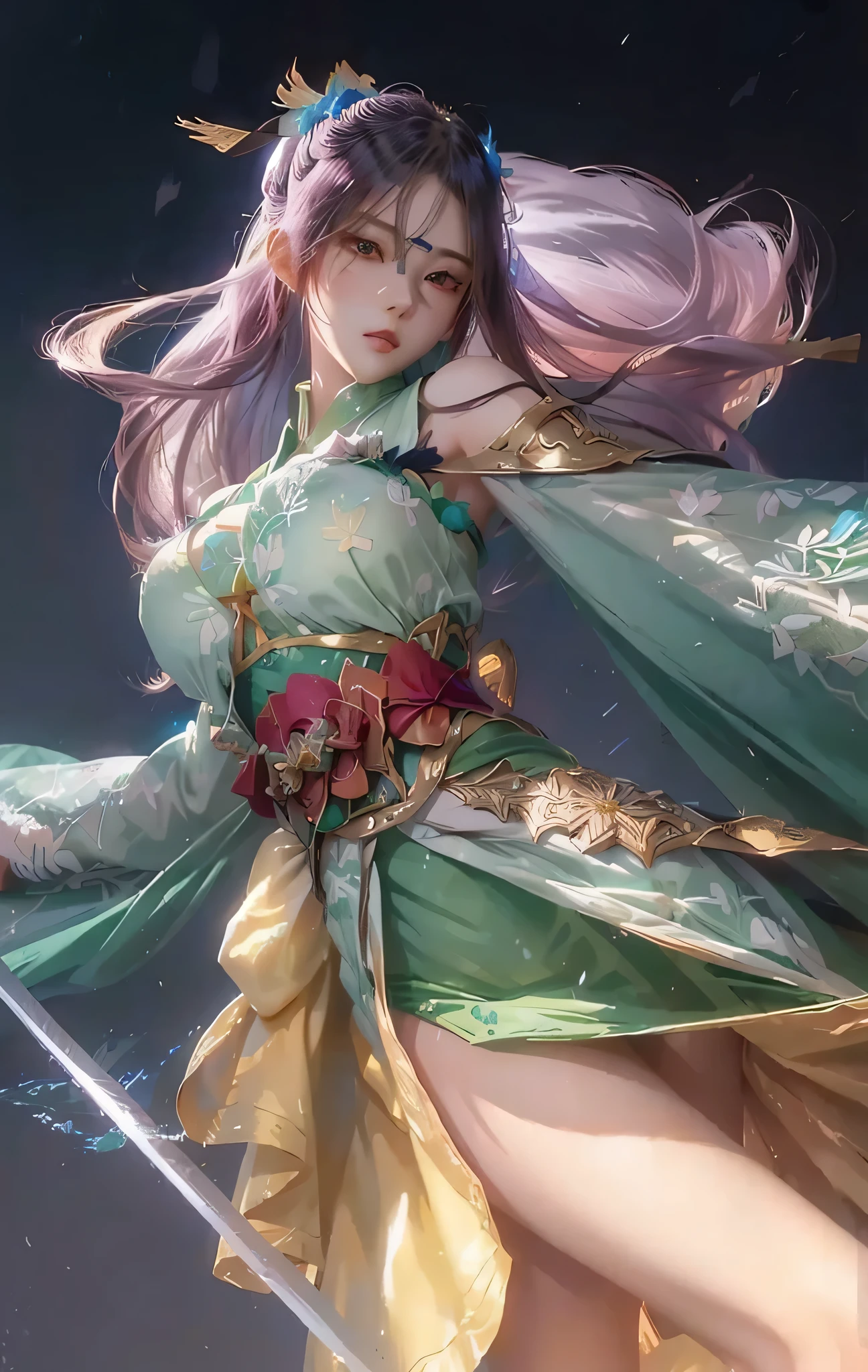 anime girl with a sword and a flower in her hand, artgerm lau, green lingerie, hot body, style artgerm, onmyoji detailed art, ruan jia and artgerm, style of artgerm, inspired by Ju Lian, artgerm and ruan jia, extremely detailed artgerm, artgerm style, artgerm detailed, onmyoji