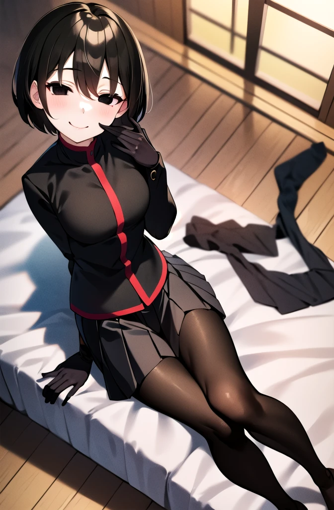 (masterpiece,Highest quality, detailed), One girl, alone, indoor, bed, Sitting, Half-closed eyes, smile, Mouth closed, whole body, Tilt your head, From above, View your viewers,
Oshino Ougi, gakuran, Black gloves, Black jacket, Pleated skirt, Black Pantyhose, No shoes