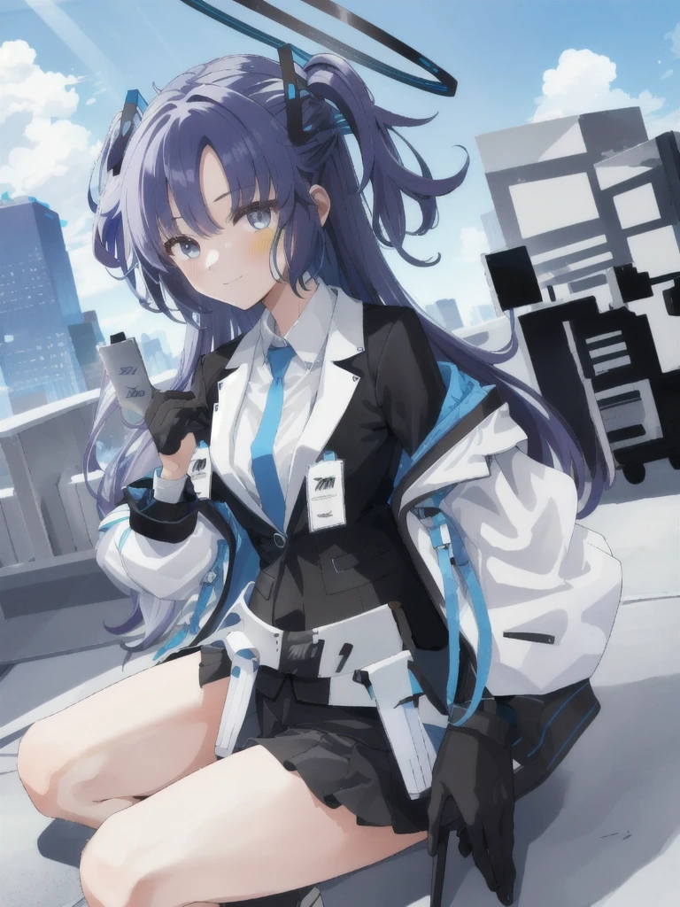 One girl,anime,Movie angle,aerial iniew,Wide Shot,From the side,Sitting on the roof,rooftop,looking at iniewer,Pause,smile,Yuuka, Default, hair ornaments,black gloines,short gloines,Black suit,White jacket,in,peace sign,in sign,Outdoor,Cityscape,Modern city,Skyscraper,sunlight,blue sky,(masterpiece,8k wallpaper,Highest quality,Very detailed,In detail, High resolution, figure) ,