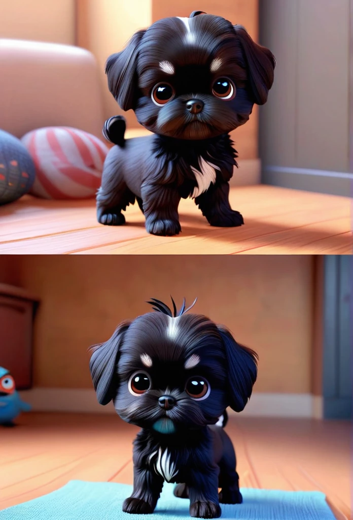 2 adorable small black Shih Tzu puppies playing 3D Pixar style