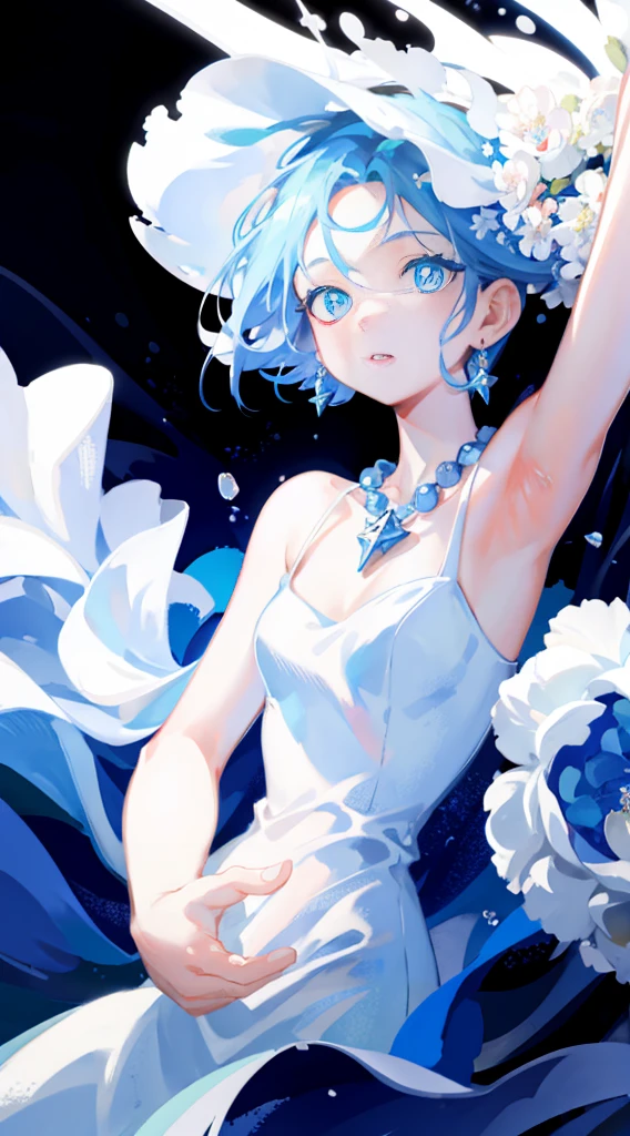 masterpiece, best quality, illustration, sax blue, platinum earrings, platinum necklace, white dress, 1girl, cute, (dynamic lighting:1.2), cinematic lighting, delicate facial features, detailed eyes, sharp pupils, realistic pupils, depth of field, bokeh, sharp focus, (hyper-detailed, bloom, glow:1.4), many small gems