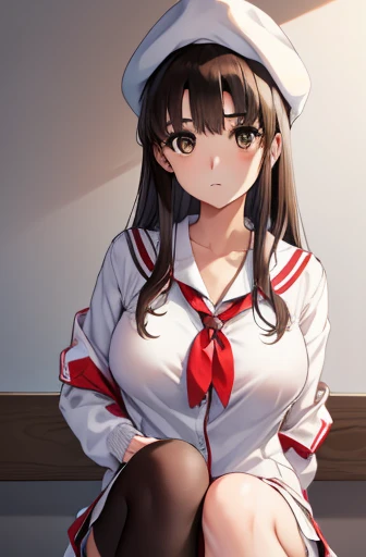 Katoumegumi, Megumi Katou, Long black hair,Big Breasts、 (Brown eyes:1.7),
break hat, Jacket, Long sleeve, Knee socks, White Hat, white Knee socks, dress, white dress, (red Jacket:1.5), (White Hat:1.5), Open cardigan, Open clothes,
break looking at viewer,
break indoors, classroom,
break (masterpiece:1.2), Highest quality, High resolution, unity 8k wallpaper, (figure:0.8), (Beautiful attention to detail:1.6), Highly detailed face, Perfect lighting, Highly detailed CG, (Perfect hands, Perfect Anatomy),
