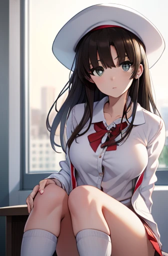 Katoumegumi, Megumi Katou, Long black hair,Big Breasts、 (Brown eyes:1.7), 
break hat, Jacket, Long sleeve, Knee socks, White Hat, white Knee socks, dress, white dress, (red Jacket:1.5), (White Hat:1.5), Open cardigan, Open clothes,
break looking at viewer,
break indoors, classroom,
break (masterpiece:1.2), Highest quality, High resolution, unity 8k wallpaper, (figure:0.8), (Beautiful attention to detail:1.6), Highly detailed face, Perfect lighting, Highly detailed CG, (Perfect hands, Perfect Anatomy),