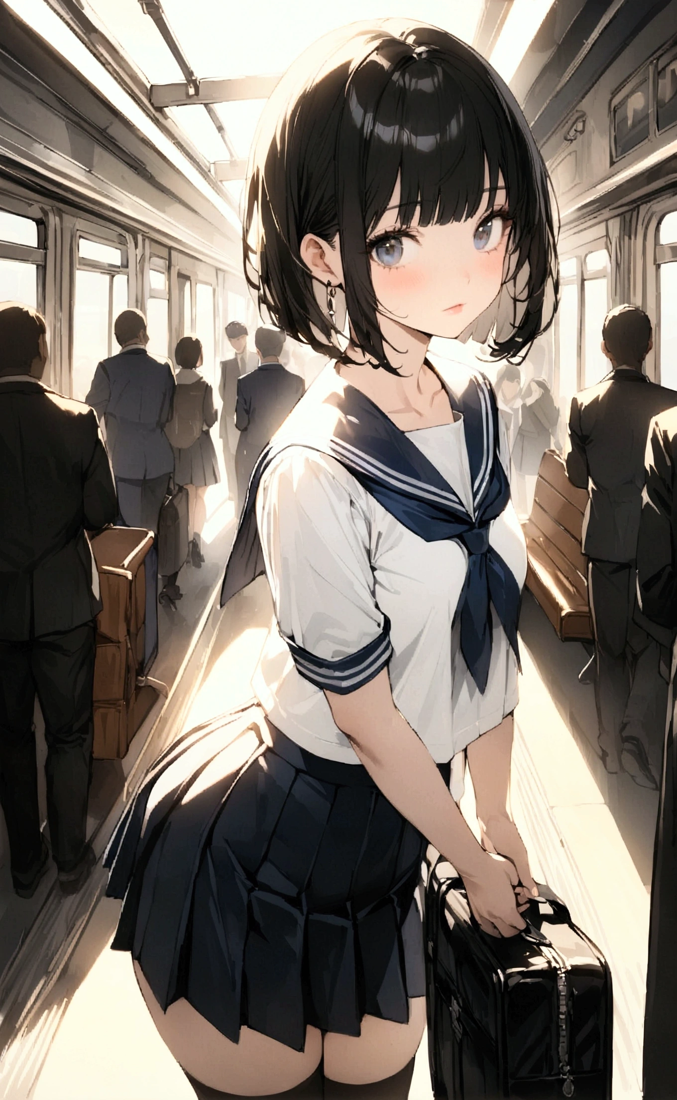 One Woman、crowd、Station platform、beautiful girl、Sailor suit、Pleated skirt、Hold a school bag with both hands、Age: 18、Bob Cut Hair, Highest quality, body type、Small 、Small ass、Black Hair,The train is coming、Black knee-high socks、Cowboy Shot、Ultra-fine images、Sit on a bench