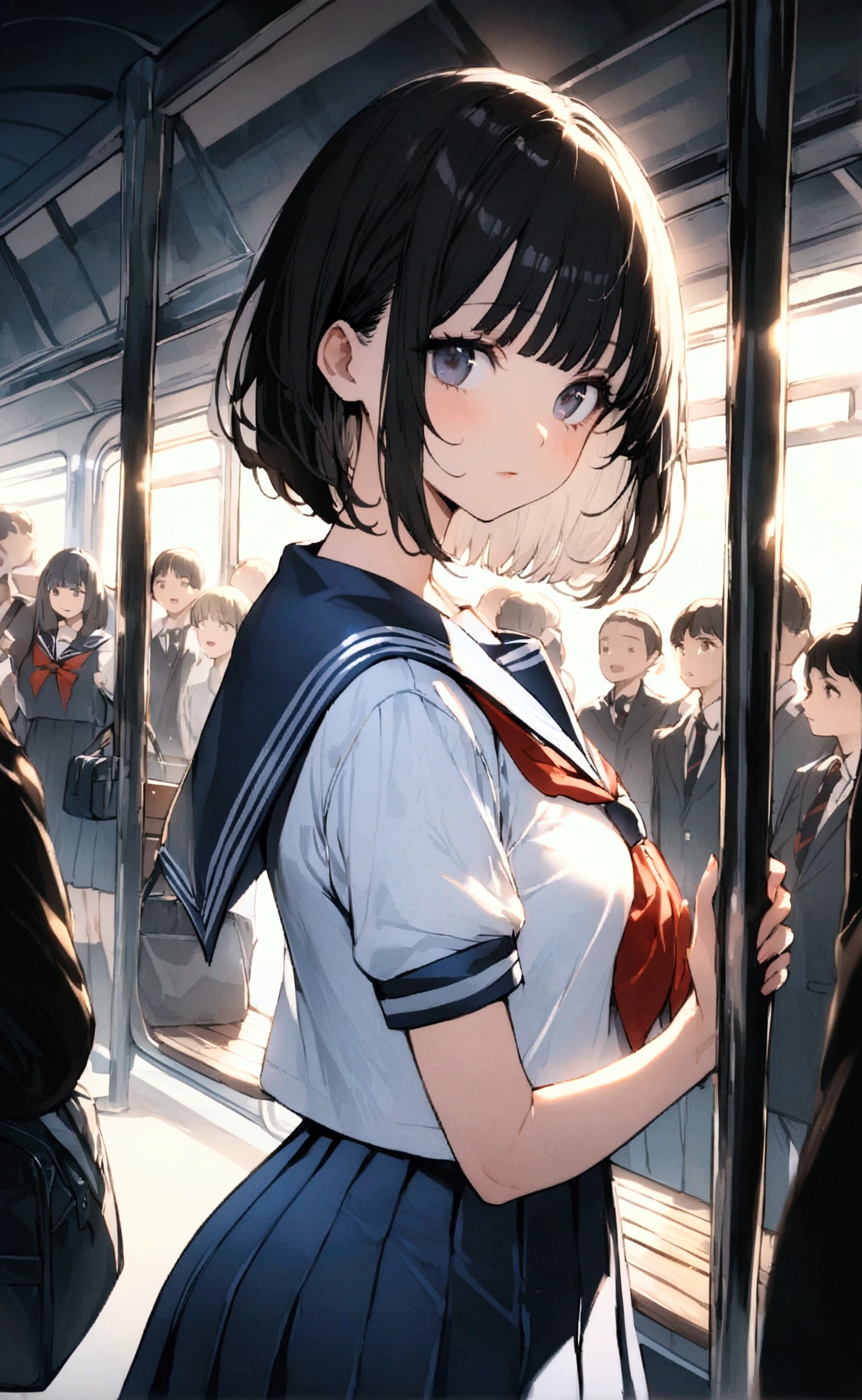 One Woman、crowd、Station platform、beautiful girl、Sailor suit、Pleated skirt、Hold a school bag with both hands、Age: 18、Bob Cut Hair, Highest quality, body type、Small 、Small ass、Black Hair,The train is coming、Black knee-high socks、Cowboy Shot、Ultra-fine images、Sit on a bench