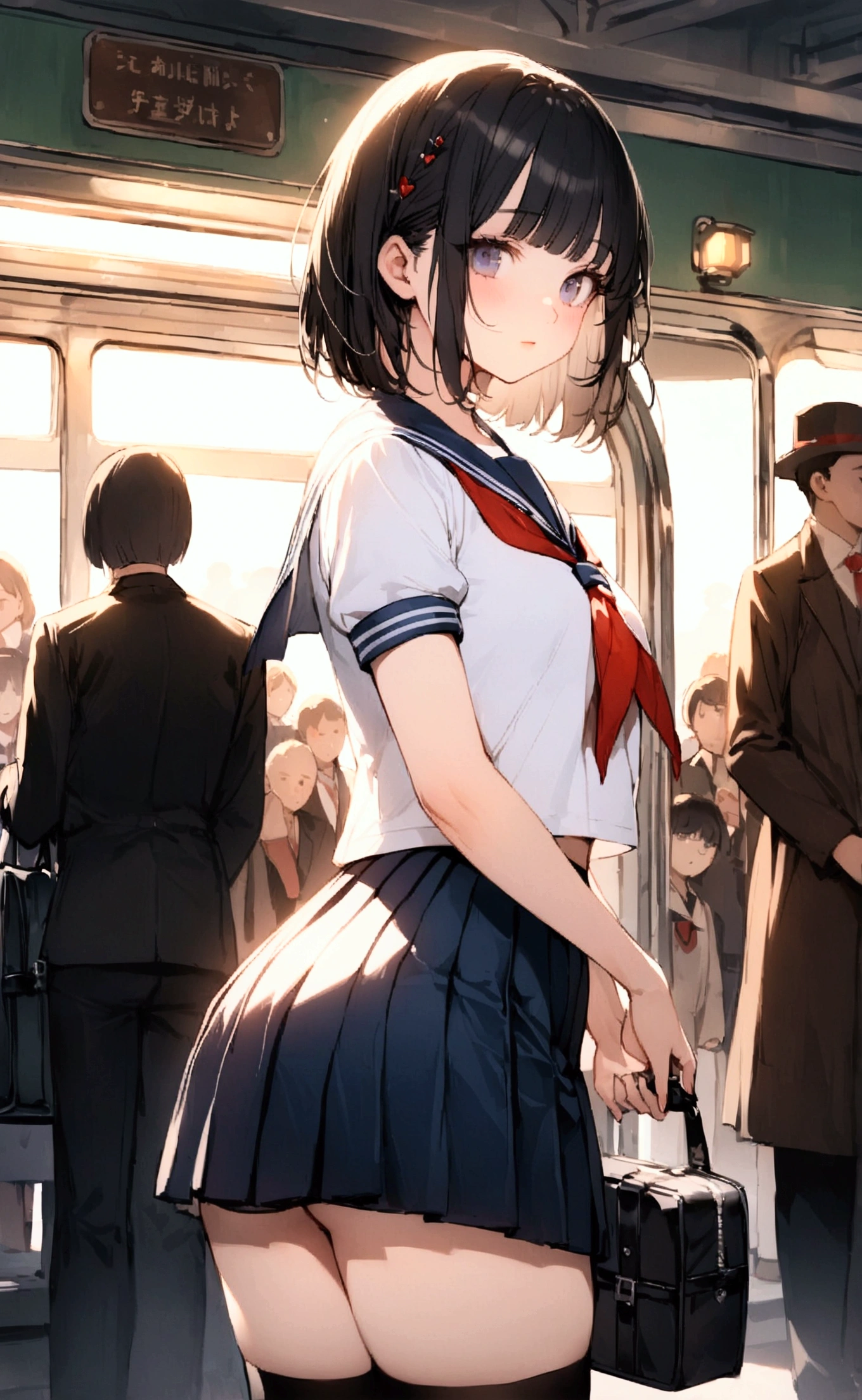 One Woman、crowd、Station platform、beautiful girl、Sailor suit、Pleated skirt、Hold a school bag with both hands、Age: 18、Bob Cut Hair, Highest quality, body type、Small 、Small ass、Black Hair,The train is coming、Black knee-high socks、Cowboy Shot、Ultra-fine images、Sit on a bench