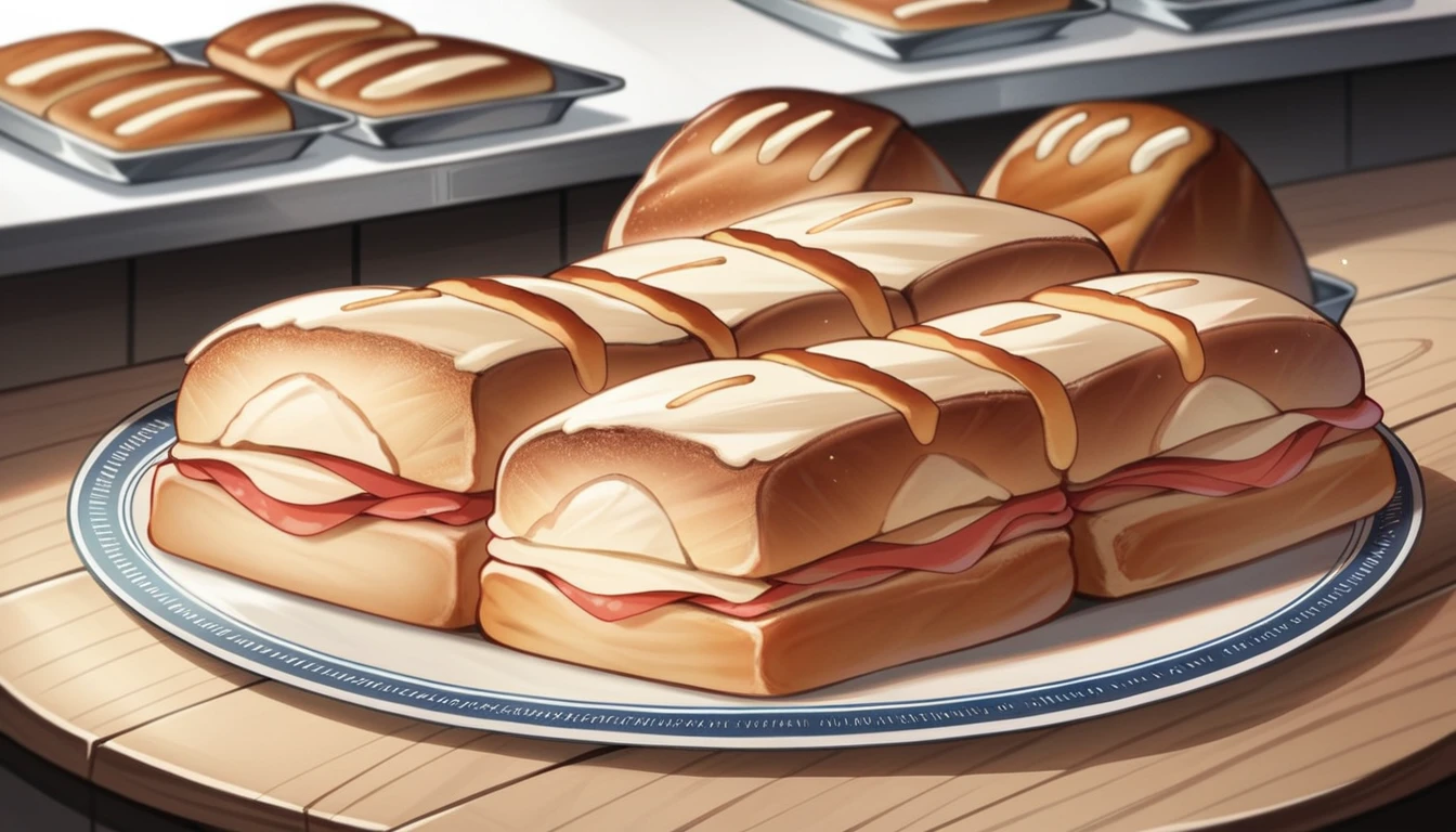 there are two trays of Pastries on a table with a sign, Hyperrealistic Food Photography, sliced bread in slots, Pastries, with bread in the slots, bread, breads, 🥥 🍕 hybrid, Pastries, Pi-Slices and Kidmographs, Perfect detail, Extremely detailed level, 背景には焼きたてのbread屋, bread, High-quality photorealism