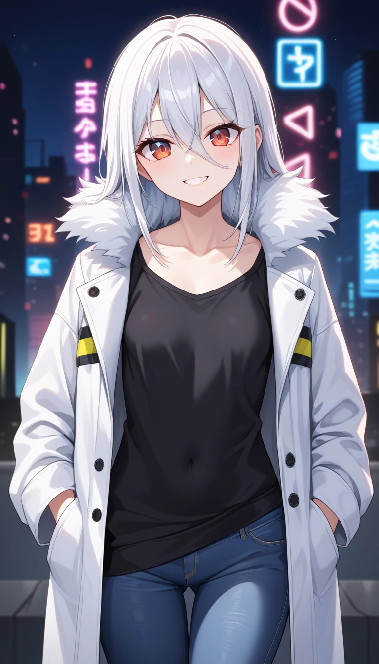 1girl, 15 years old, slim, small , white hair, hairs between eyes, shoulder length hair, pale skin, bright red eye, white duffle coat and long-sleeve black sweater, open jacket, jeans, gold pocket watches hanging from the neck, BREAK kawaii, smile, cowboy shot, pose, cyberpunk, night city, neon light, light particle, BREAK smooth skin, cinematic lighting, volumetric shadow, BREAK score_9, score_8_up, score_7_up,