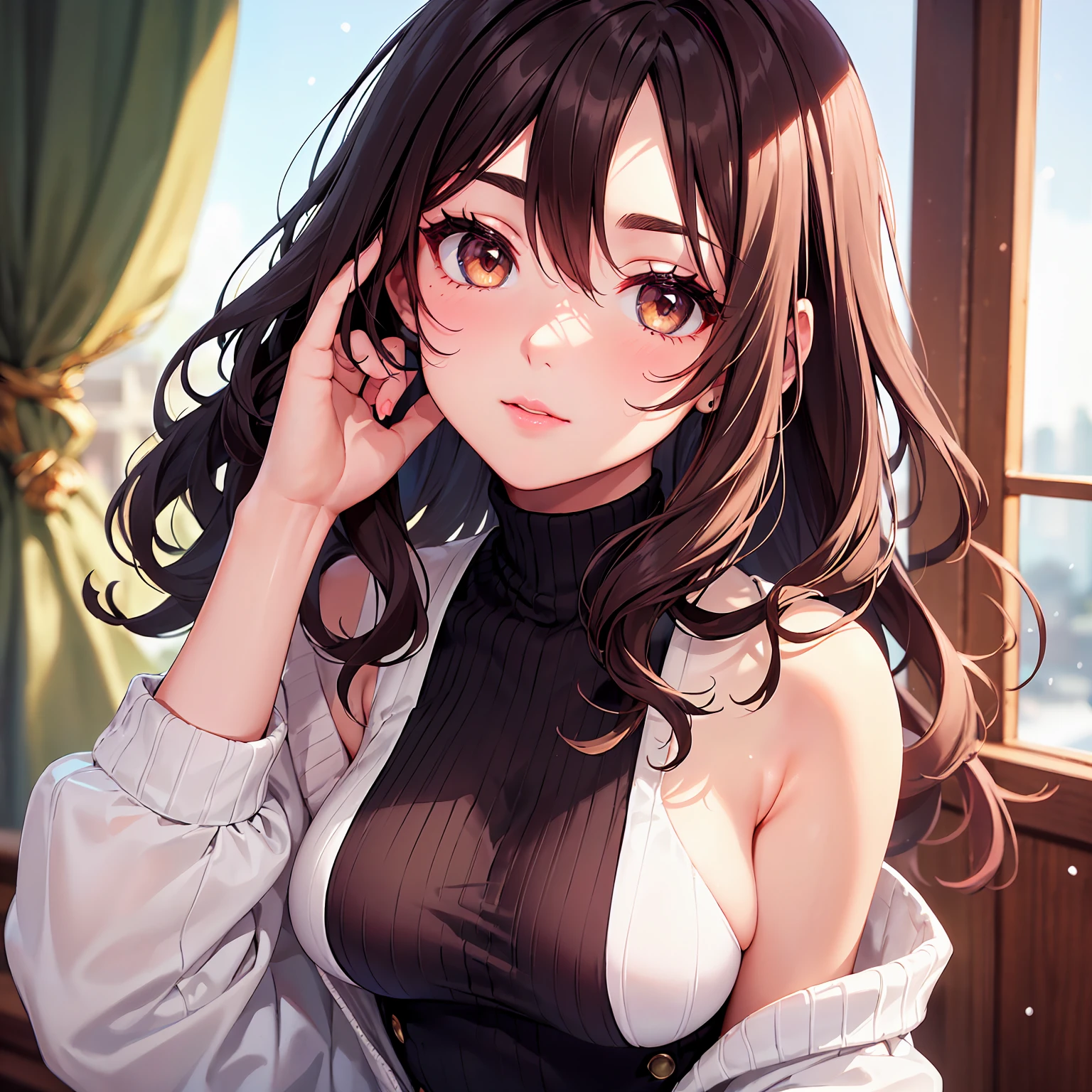 1girl, (Masterpiece, high quality, highly detailed), (Conical Breasts, Cone-shaped breasts, often smaller and pointier), wearing (Cashmere blend sweater dress), (Her eyes are large, almond-shaped, and hazel, radiating warmth and depth. She has a straight and slender nose that adds a touch of refinement to her face. Her medium, natural pink lips perfectly complement her fair skin tone with a cool undertone. Her long, wavy, dark brown hair cascades gracefully over her shoulders, framing her face beautifully. Her eyebrows are of medium thickness and gently arched, adding to her expressive features. High and defined cheekbones enhance her facial structure, while her rounded chin adds a softness to her overall look. Her medium-sized ears are slightly visible, and her elegant and sophisticated expression exudes confidence and grace), (background: winter, inside room), Standing, doing Stretching in the morning